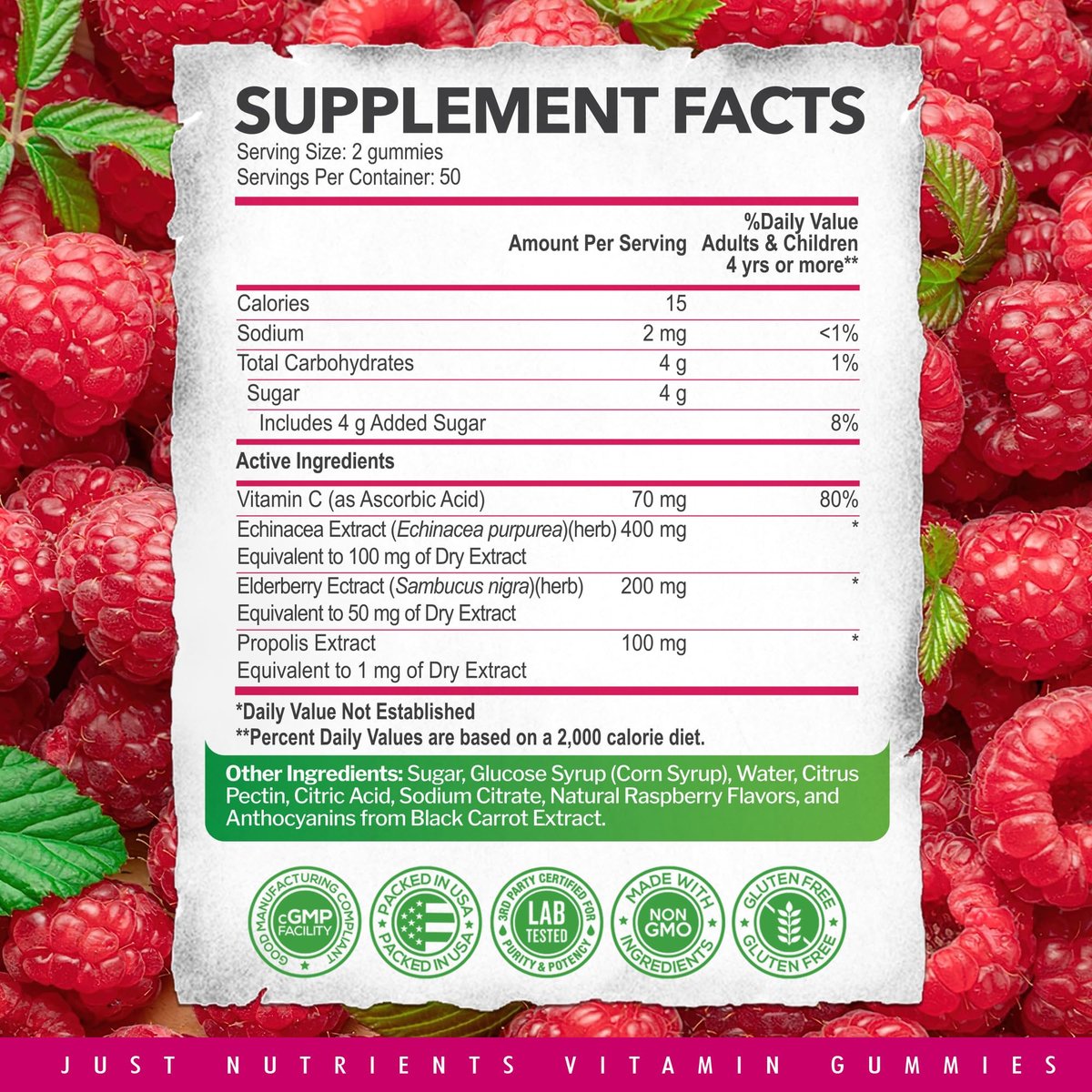 Holunderbeeren 200mg Gummies mit Vitamin C, Echinacea, Propolis (100 Stück) – Immununterstützung für Erwachsene & Kinder – Höchste Stärke, Himbeergeschmack – Glutenfrei, Vegan
