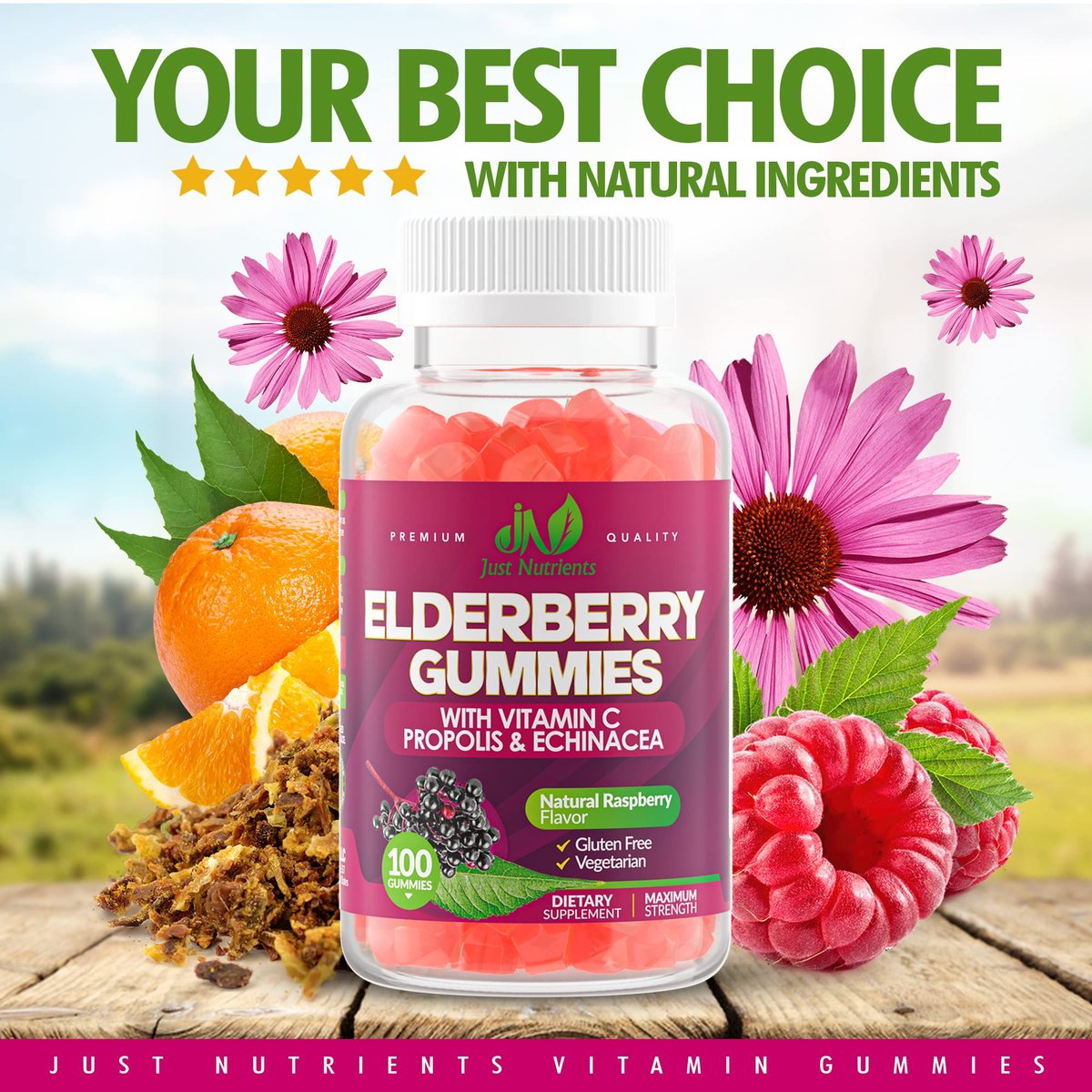 Holunderbeeren 200mg Gummies mit Vitamin C, Echinacea, Propolis (100 Stück) – Immununterstützung für Erwachsene & Kinder – Höchste Stärke, Himbeergeschmack – Glutenfrei, Vegan