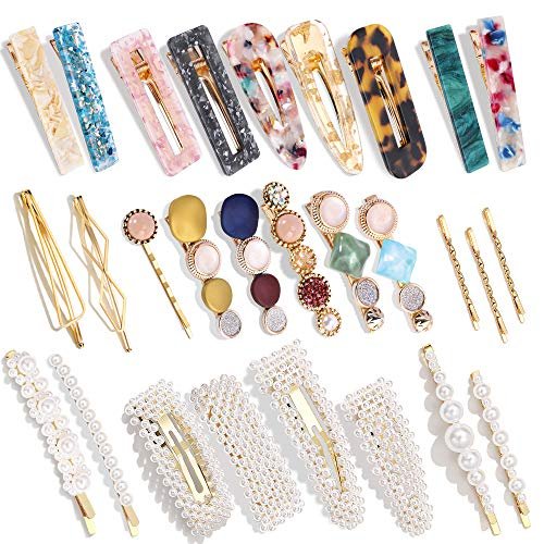 28-teiliges Set handgefertigter Haarspangen mit Perlen und Acrylharz – Goldene Haarklammern, Glitzer-Geometrie-Haarnadeln, Geschenk für Frauen und Mädchen