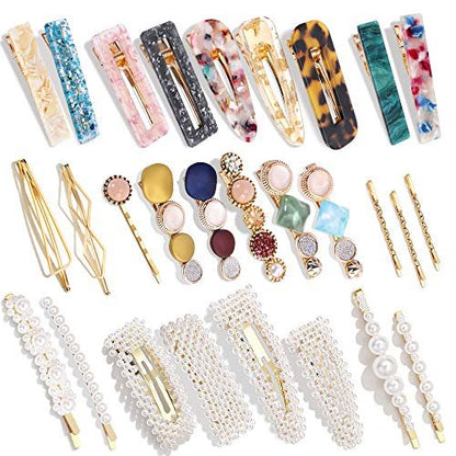 28-teiliges Set handgefertigter Haarspangen mit Perlen und Acrylharz – Goldene Haarklammern, Glitzer-Geometrie-Haarnadeln, Geschenk für Frauen und Mädchen