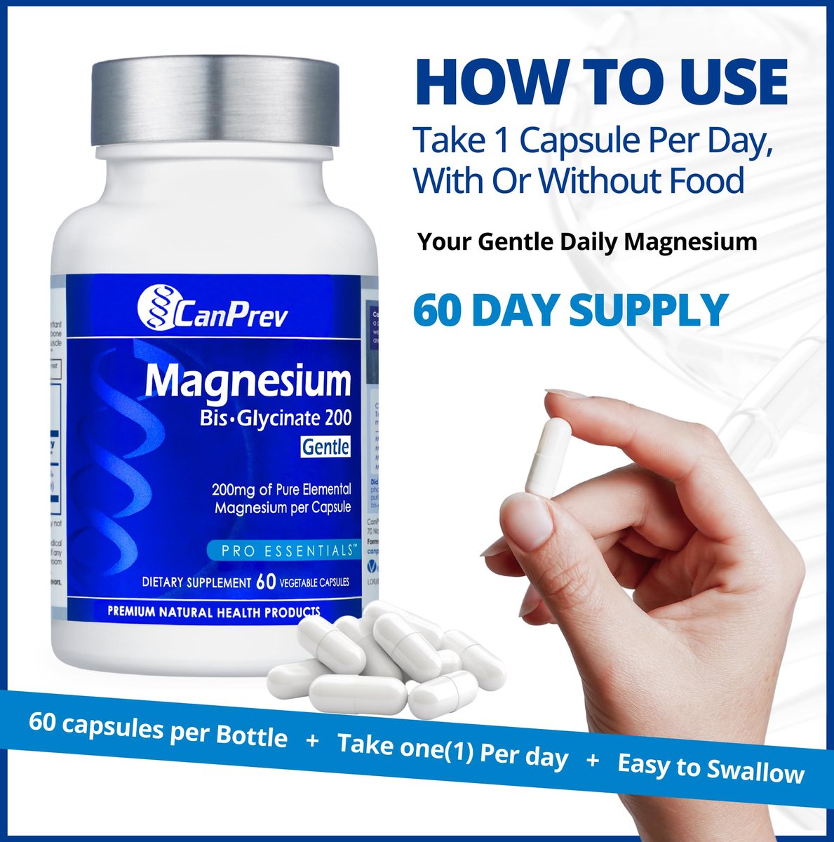 CanPrev Magnesium BisGlycinate 200 mg – 60 vegane Kapseln, sanft zu Magen, für Knochen & Muskeln, 60-Tage-Vorrat