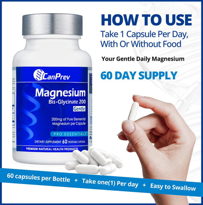 CanPrev Magnesium BisGlycinate 200 mg – 60 vegane Kapseln, sanft zu Magen, für Knochen & Muskeln, 60-Tage-Vorrat