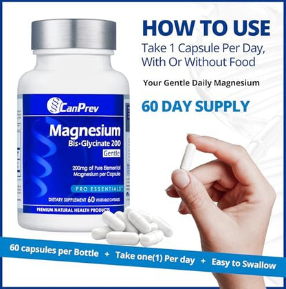 CanPrev Magnesium BisGlycinate 200 mg – 60 vegane Kapseln, sanft zu Magen, für Knochen & Muskeln, 60-Tage-Vorrat