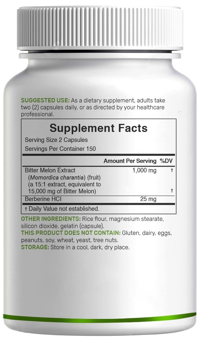 Bitter Melon mit Berberin Supplement 15.000 mg pro Portion, 300 Kapseln | 15:1 Wilder Bitterer Melonenfruchtextrakt & Berberin HCL | Laborgeprüft | Pflanzlich, Nicht-GVO