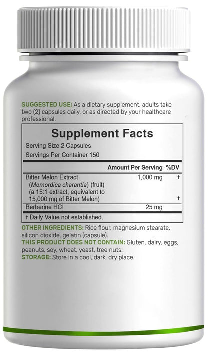 Bitter Melon mit Berberin Supplement 15.000 mg pro Portion, 300 Kapseln | 15:1 Wilder Bitterer Melonenfruchtextrakt & Berberin HCL | Laborgeprüft | Pflanzlich, Nicht-GVO