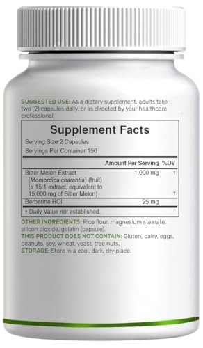 Bitter Melon mit Berberin Supplement 15.000 mg pro Portion, 300 Kapseln | 15:1 Wilder Bitterer Melonenfruchtextrakt & Berberin HCL | Laborgeprüft | Pflanzlich, Nicht-GVO