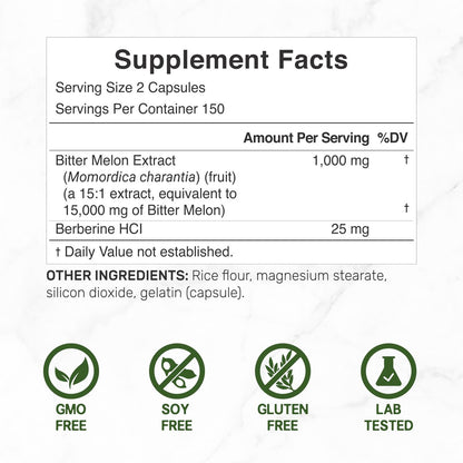 Bitter Melon mit Berberin Supplement 15.000 mg pro Portion, 300 Kapseln | 15:1 Wilder Bitterer Melonenfruchtextrakt & Berberin HCL | Laborgeprüft | Pflanzlich, Nicht-GVO