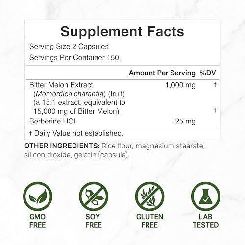 Bitter Melon mit Berberin Supplement 15.000 mg pro Portion, 300 Kapseln | 15:1 Wilder Bitterer Melonenfruchtextrakt & Berberin HCL | Laborgeprüft | Pflanzlich, Nicht-GVO
