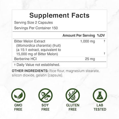 Bitter Melon mit Berberin Supplement 15.000 mg pro Portion, 300 Kapseln | 15:1 Wilder Bitterer Melonenfruchtextrakt & Berberin HCL | Laborgeprüft | Pflanzlich, Nicht-GVO