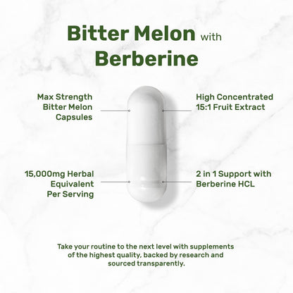 Bitter Melon mit Berberin Supplement 15.000 mg pro Portion, 300 Kapseln | 15:1 Wilder Bitterer Melonenfruchtextrakt & Berberin HCL | Laborgeprüft | Pflanzlich, Nicht-GVO