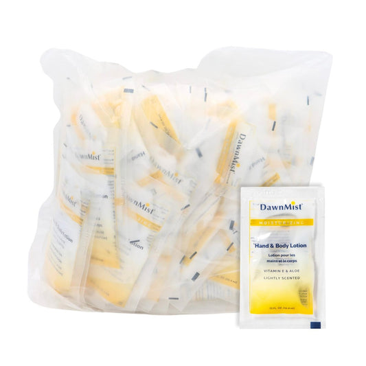 Dukal DawnMist Feuchtigkeitslotion – 100er Pack, Hand & Körper, mit Aloe & Vitamin E, Kokosduft, 0,35 oz Einzelportionen, alkoholfrei