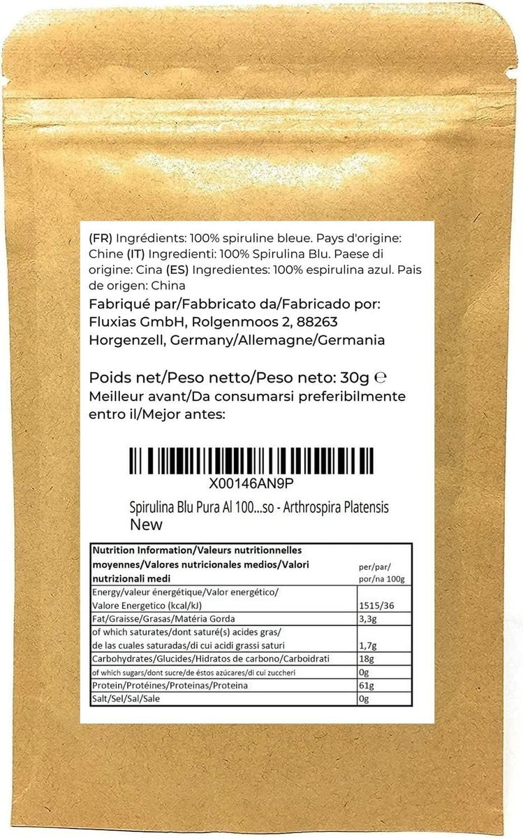 Blaues Spirulina Pulver - 100% reines Phycocyanin - Tiefblaue Lebensmittelfarbe - Arthrospira Platensis - Nettoinhalt: 30g