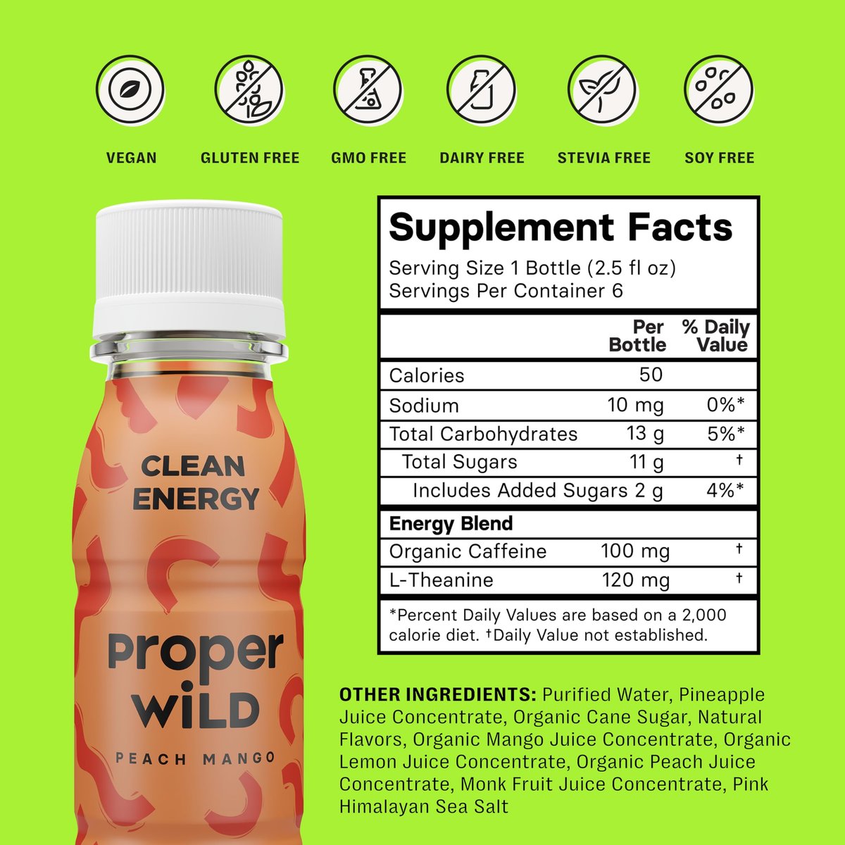 Proper Wild Vegane Energy Shots mit L-Theanin & Bio-Koffein – Pfirsich Mango, 2,5 Fl Oz (6er-Pack)