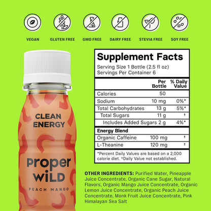 Proper Wild Vegane Energy Shots mit L-Theanin & Bio-Koffein – Pfirsich Mango, 2,5 Fl Oz (6er-Pack)