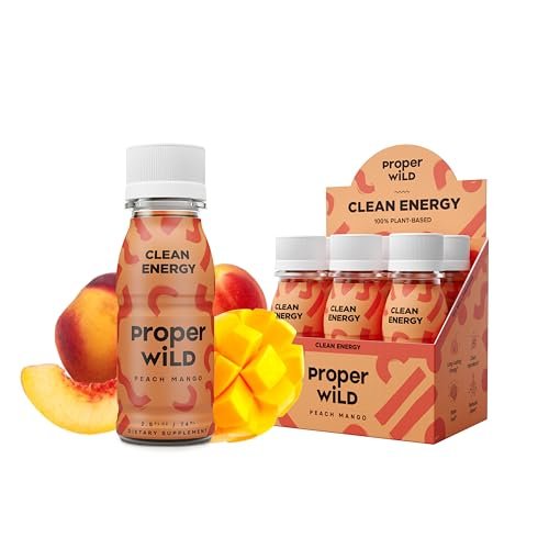 Proper Wild Vegane Energy Shots mit L-Theanin & Bio-Koffein – Pfirsich Mango, 2,5 Fl Oz (6er-Pack)