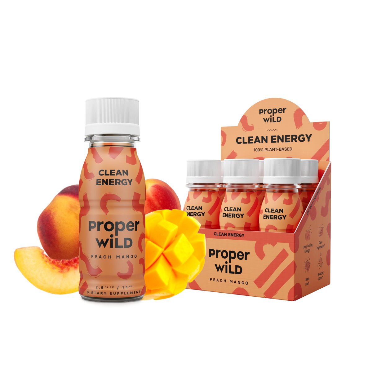 Proper Wild Vegane Energy Shots mit L-Theanin & Bio-Koffein – Pfirsich Mango, 2,5 Fl Oz (6er-Pack)