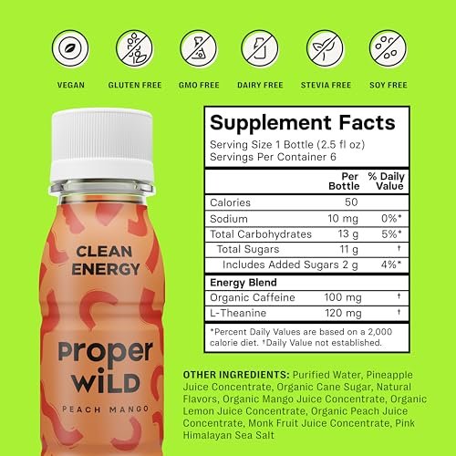 Proper Wild Vegane Energy Shots mit L-Theanin & Bio-Koffein – Pfirsich Mango, 2,5 Fl Oz (6er-Pack)