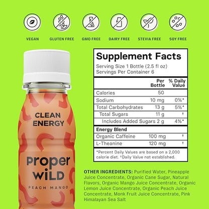 Proper Wild Vegane Energy Shots mit L-Theanin & Bio-Koffein – Pfirsich Mango, 2,5 Fl Oz (6er-Pack)
