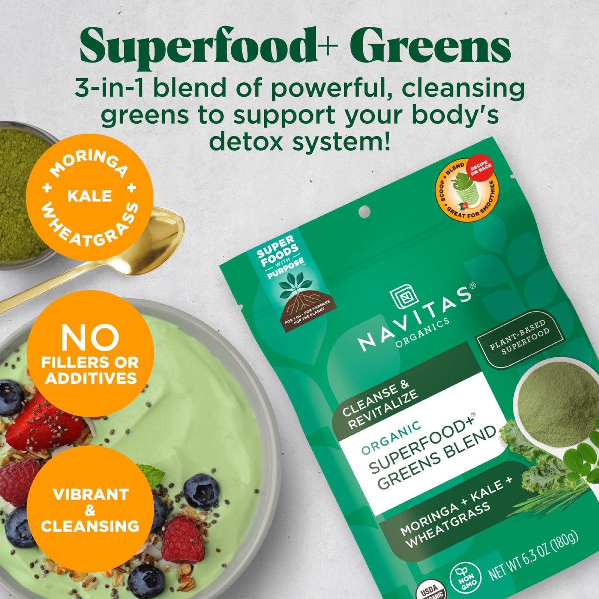 Navitas Organics Superfood+ Greens Blend – Bio-Mischung mit Moringa, Grünkohl & Weizengras für die Entgiftung, 180 g Beutel, 30 Portionen