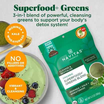 Navitas Organics Superfood+ Greens Blend – Bio-Mischung mit Moringa, Grünkohl & Weizengras für die Entgiftung, 180 g Beutel, 30 Portionen