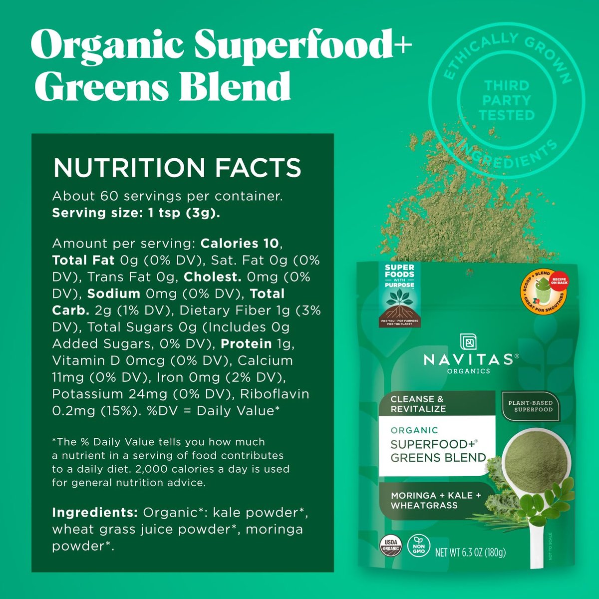 Navitas Organics Superfood+ Greens Blend – Bio-Mischung mit Moringa, Grünkohl & Weizengras für die Entgiftung, 180 g Beutel, 30 Portionen