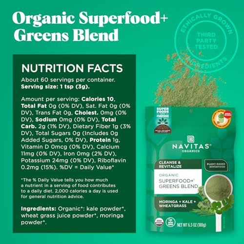 Navitas Organics Superfood+ Greens Blend – Bio-Mischung mit Moringa, Grünkohl & Weizengras für die Entgiftung, 180 g Beutel, 30 Portionen