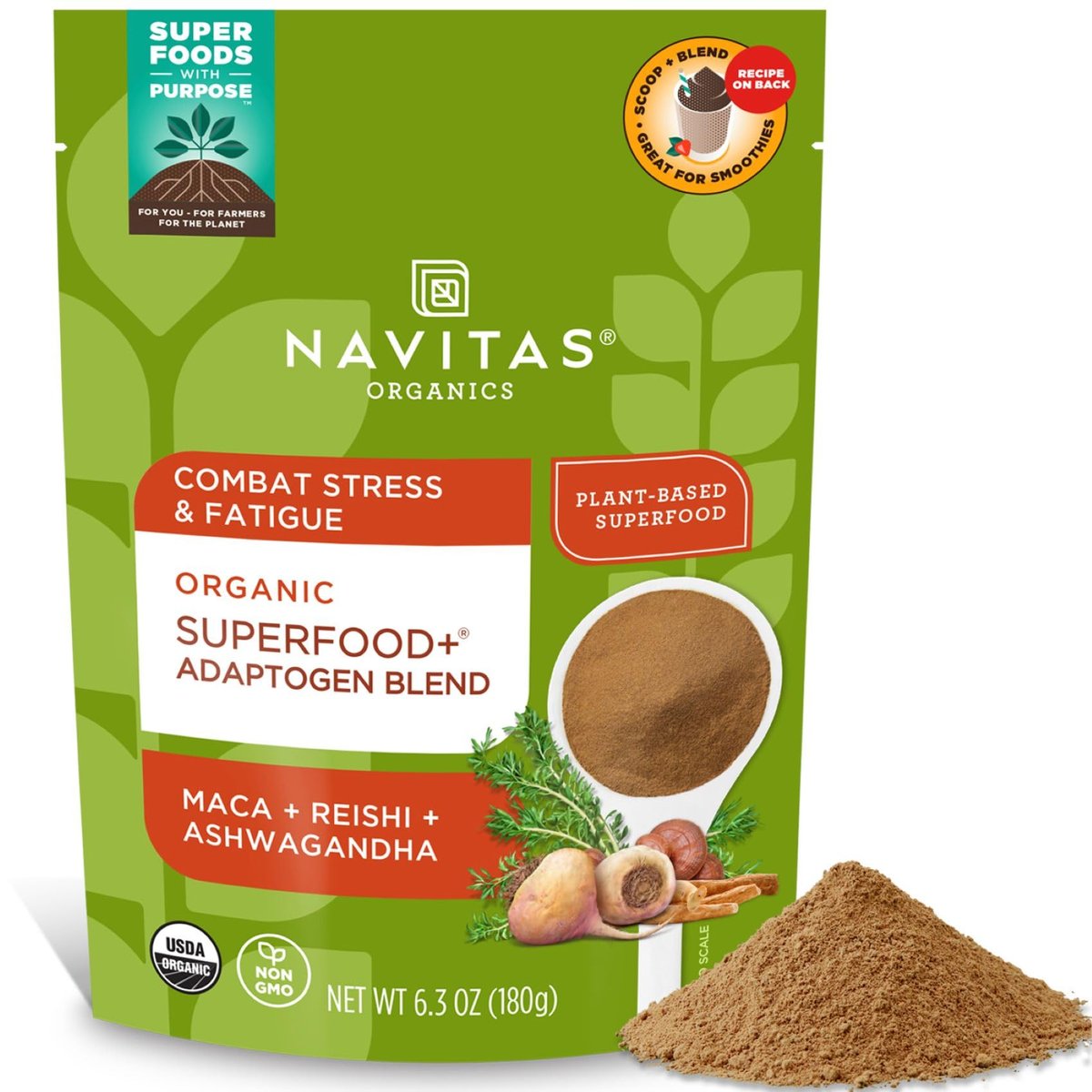 Navitas Organics Superfood+ Adaptogen-Mischung für Stressunterstützung (Maca + Reishi + Ashwagandha), 6,3 oz Beutel, 30 Portionen — Bio, Nicht-GVO, Vegan, Glutenfrei, Keto & Paleo