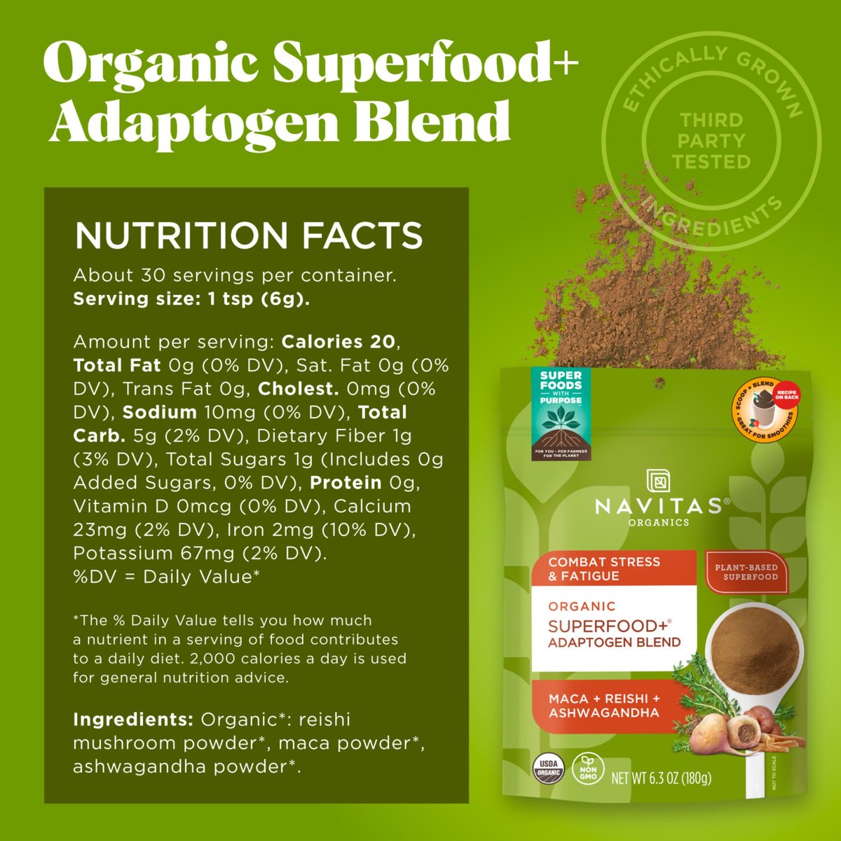 Navitas Organics Superfood+ Adaptogen-Mischung für Stressunterstützung (Maca + Reishi + Ashwagandha), 6,3 oz Beutel, 30 Portionen — Bio, Nicht-GVO, Vegan, Glutenfrei, Keto & Paleo