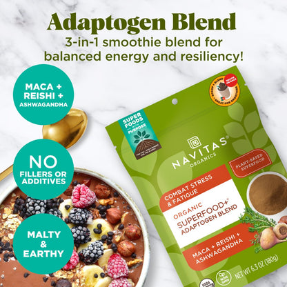 Navitas Organics Superfood+ Adaptogen-Mischung für Stressunterstützung (Maca + Reishi + Ashwagandha), 6,3 oz Beutel, 30 Portionen — Bio, Nicht-GVO, Vegan, Glutenfrei, Keto & Paleo