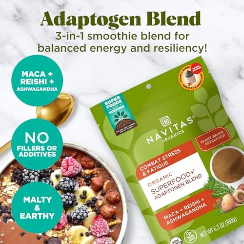 Navitas Organics Superfood+ Adaptogen-Mischung für Stressunterstützung (Maca + Reishi + Ashwagandha), 6,3 oz Beutel, 30 Portionen — Bio, Nicht-GVO, Vegan, Glutenfrei, Keto & Paleo