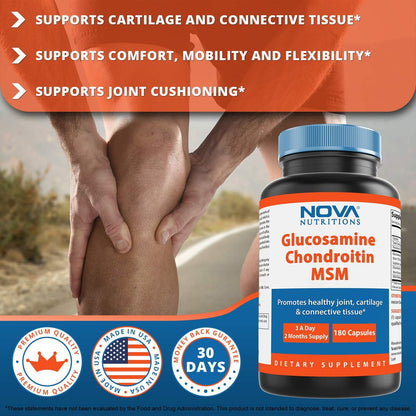 Nova Nutritions Dreifach starkes Glucosamin Chondroitin MSM 2600mg/Portion Kapseln – Unterstützt gesunde Gelenke, Knorpel und Bindegewebe – Fördert Gelenkkomfort und Flexibilität, 180 Kapseln