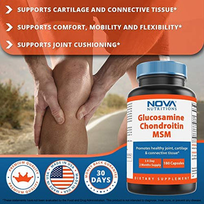 Nova Nutritions Dreifach starkes Glucosamin Chondroitin MSM 2600mg/Portion Kapseln – Unterstützt gesunde Gelenke, Knorpel und Bindegewebe – Fördert Gelenkkomfort und Flexibilität, 180 Kapseln