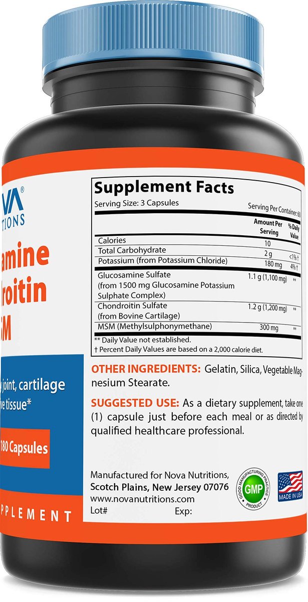 Nova Nutritions Dreifach starkes Glucosamin Chondroitin MSM 2600mg/Portion Kapseln – Unterstützt gesunde Gelenke, Knorpel und Bindegewebe – Fördert Gelenkkomfort und Flexibilität, 180 Kapseln