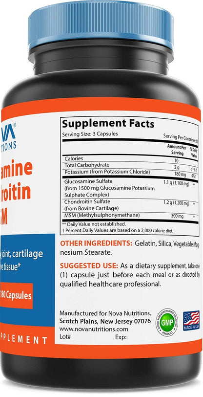 Nova Nutritions Dreifach starkes Glucosamin Chondroitin MSM 2600mg/Portion Kapseln – Unterstützt gesunde Gelenke, Knorpel und Bindegewebe – Fördert Gelenkkomfort und Flexibilität, 180 Kapseln