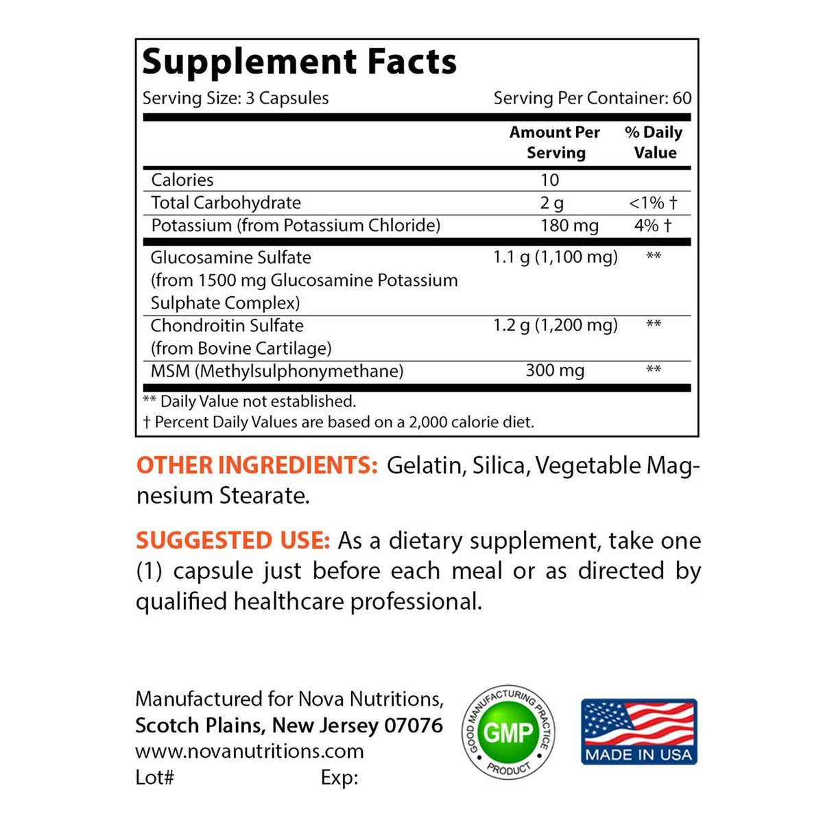 Nova Nutritions Dreifach starkes Glucosamin Chondroitin MSM 2600mg/Portion Kapseln – Unterstützt gesunde Gelenke, Knorpel und Bindegewebe – Fördert Gelenkkomfort und Flexibilität, 180 Kapseln