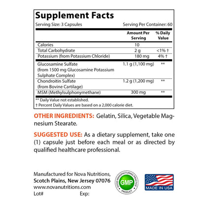 Nova Nutritions Dreifach starkes Glucosamin Chondroitin MSM 2600mg/Portion Kapseln – Unterstützt gesunde Gelenke, Knorpel und Bindegewebe – Fördert Gelenkkomfort und Flexibilität, 180 Kapseln