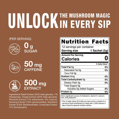 ECO-TASTE 7-in-1 Pilz-Kaffee-Mix – Mit Reishi, Cordyceps, Chaga, Rhodiola, Ginseng & Eleuthero – 12 Portionsbeutel