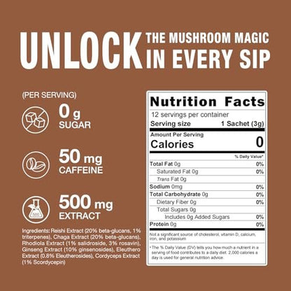 ECO-TASTE 7-in-1 Pilz-Kaffee-Mix – Mit Reishi, Cordyceps, Chaga, Rhodiola, Ginseng & Eleuthero – 12 Portionsbeutel
