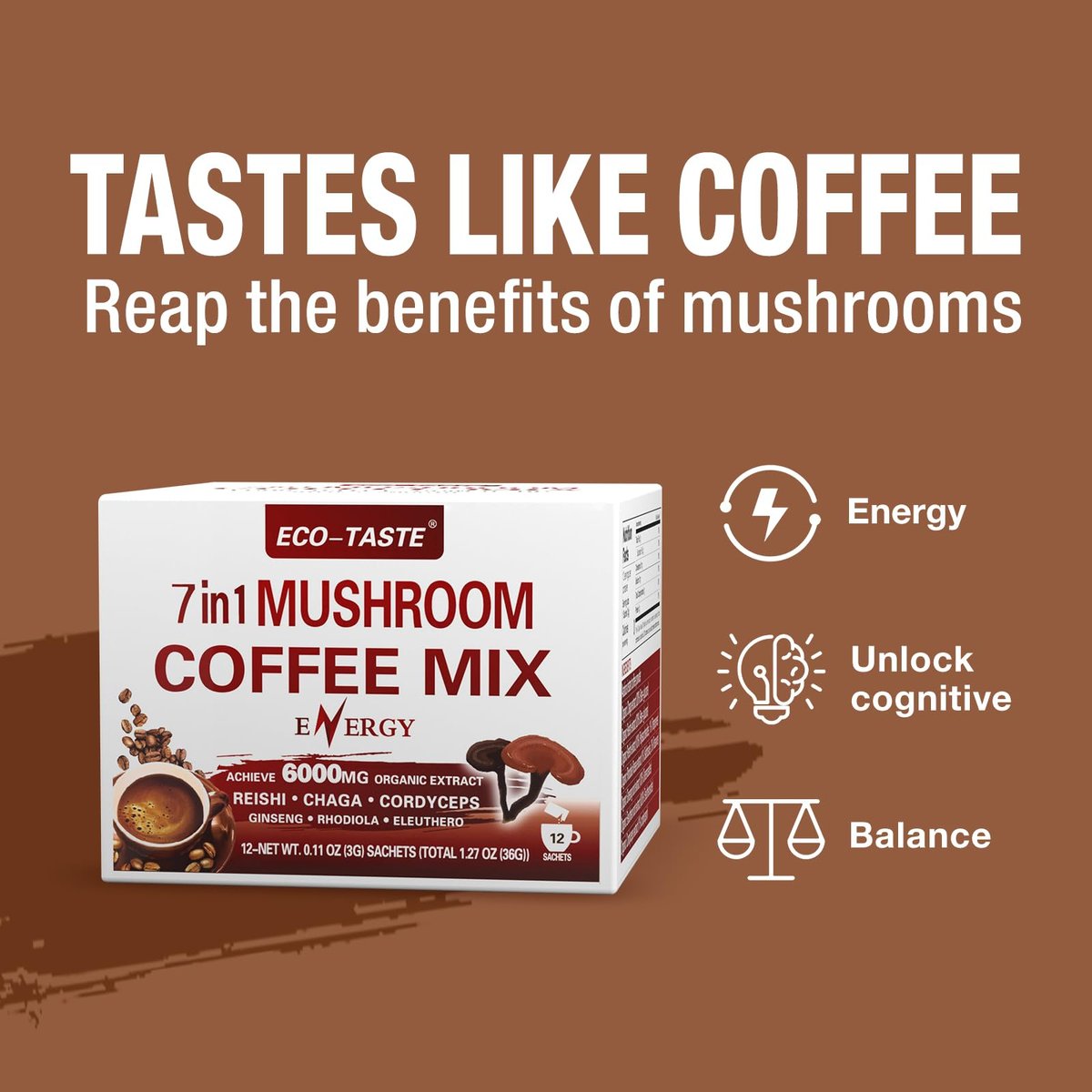 ECO-TASTE 7-in-1 Pilz-Kaffee-Mix – Mit Reishi, Cordyceps, Chaga, Rhodiola, Ginseng & Eleuthero – 12 Portionsbeutel