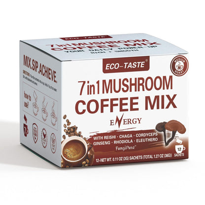 ECO-TASTE 7-in-1 Pilz-Kaffee-Mix – Mit Reishi, Cordyceps, Chaga, Rhodiola, Ginseng & Eleuthero – 12 Portionsbeutel