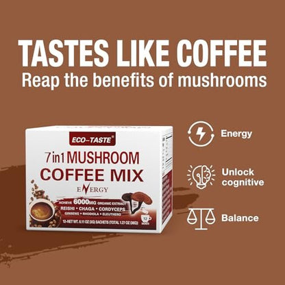 ECO-TASTE 7-in-1 Pilz-Kaffee-Mix – Mit Reishi, Cordyceps, Chaga, Rhodiola, Ginseng & Eleuthero – 12 Portionsbeutel