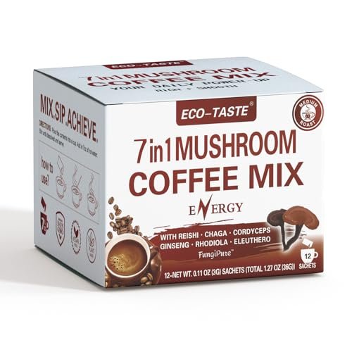 ECO-TASTE 7-in-1 Pilz-Kaffee-Mix – Mit Reishi, Cordyceps, Chaga, Rhodiola, Ginseng & Eleuthero – 12 Portionsbeutel