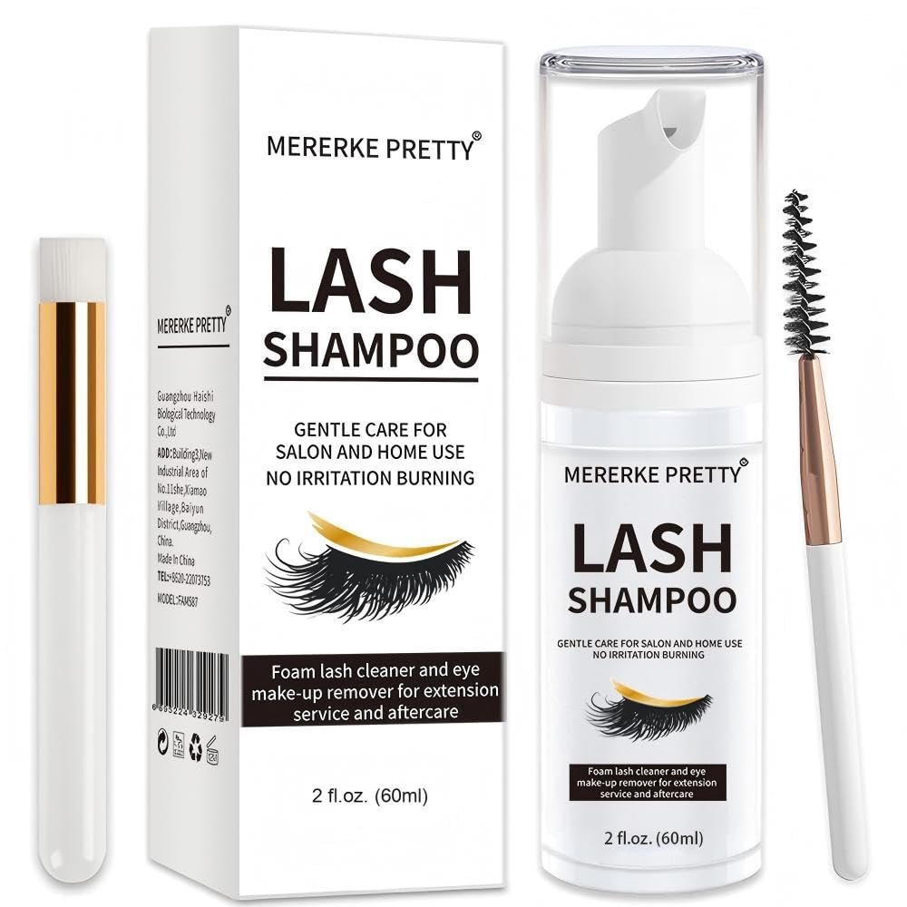 Mererke_Pretty Wimpernverlängerungs-Shampoo 60 ml + Bürste – Schaumreiniger für die Augenlider – Paraben- & sulfatfrei – Wimpernwäsche für Verlängerungen – für Zuhause & Salon