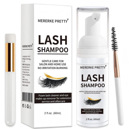 Mererke_Pretty Wimpernverlängerungs-Shampoo 60 ml + Bürste – Schaumreiniger für die Augenlider – Paraben- & sulfatfrei – Wimpernwäsche für Verlängerungen – für Zuhause & Salon