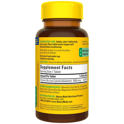 Nature Made Vitamin B12 1000 mcg Lutschtabletten – 150 zuckerfreie, schnell lösliche Tabletten zur Unterstützung des Energiestoffwechsels