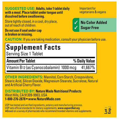 Nature Made Vitamin B12 1000 mcg Lutschtabletten – 150 zuckerfreie, schnell lösliche Tabletten zur Unterstützung des Energiestoffwechsels