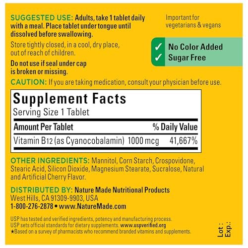 Nature Made Vitamin B12 1000 mcg Lutschtabletten – 150 zuckerfreie, schnell lösliche Tabletten zur Unterstützung des Energiestoffwechsels