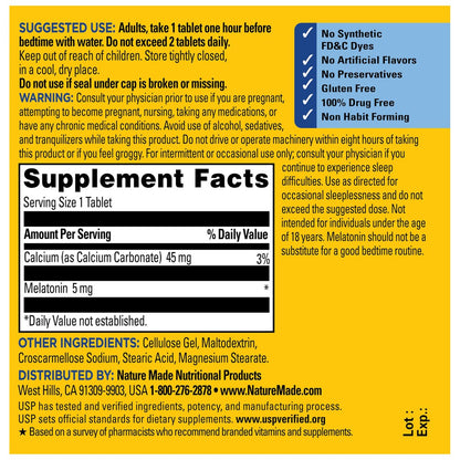 Nature Made Melatonin 5 mg Extra Strength Tabletten – 300 Stück, 300 Tage Vorrat, Schlafhilfe für Erwachsene, 100 % medikamentenfrei