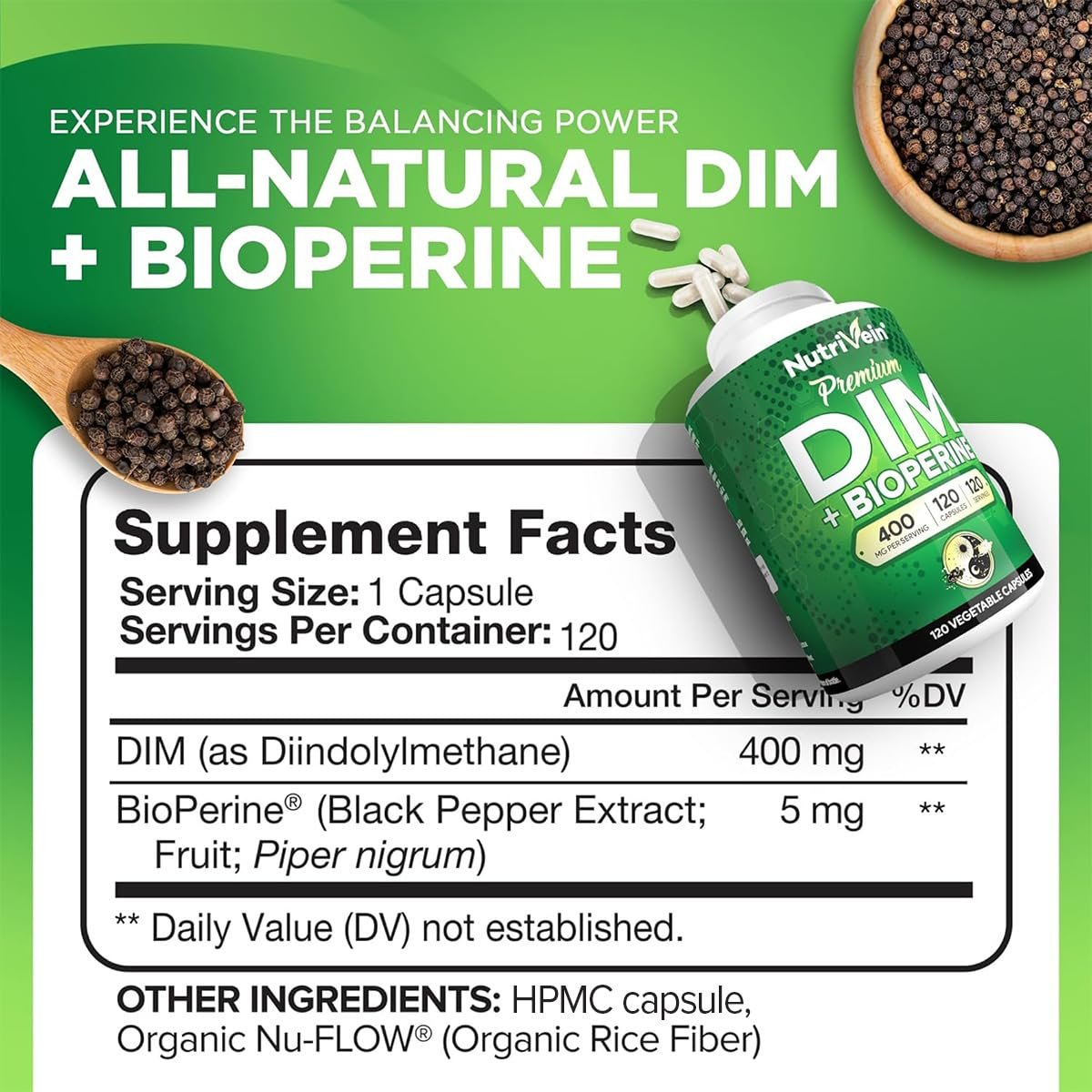 Nutrivein Premium DIM 400 mg – 120 Kapseln für hormonelles Gleichgewicht bei Frauen und Männern