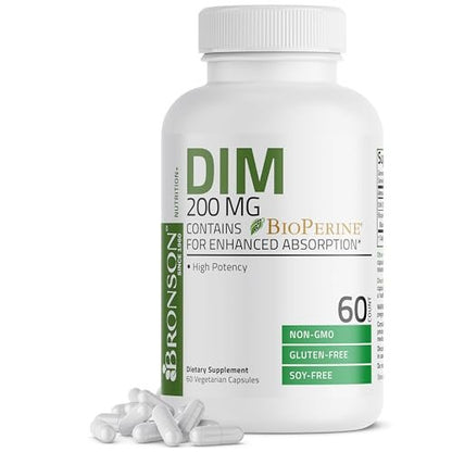 Bronson DIM 200 mg mit BioPerin – Diindolylmethan zur Unterstützung des Östrogenstoffwechsels & Hormonbalance, 60 vegane Kapseln